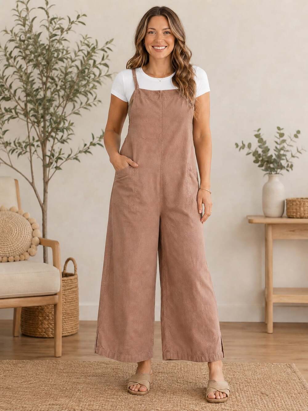 Brown Wide-Leg Jumpsuit with Pockets and Adjustable Straps
